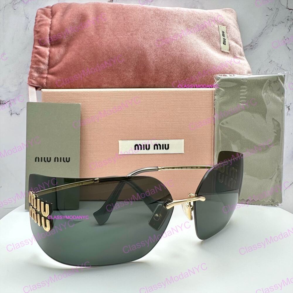 New MIU MIU Sunglasses Gold Rimless Wrap Square Oversized MIU MIU Logo Italy